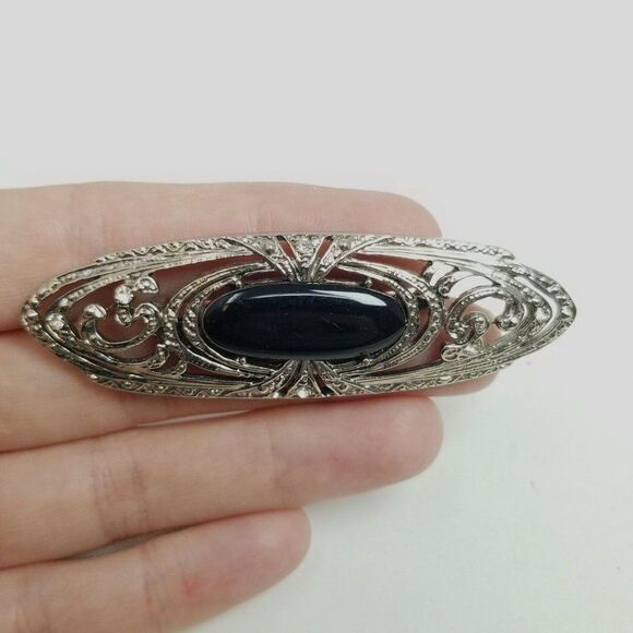 Vintage Black and Silver Tone Oval Shape Brooch, Cabochon Center, Unisex Estate - Picture 5 of 6
